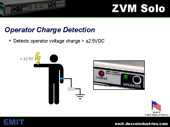 ZVM Solo Operator Charge Detection § Detects operator voltage charge > ± 2. 5