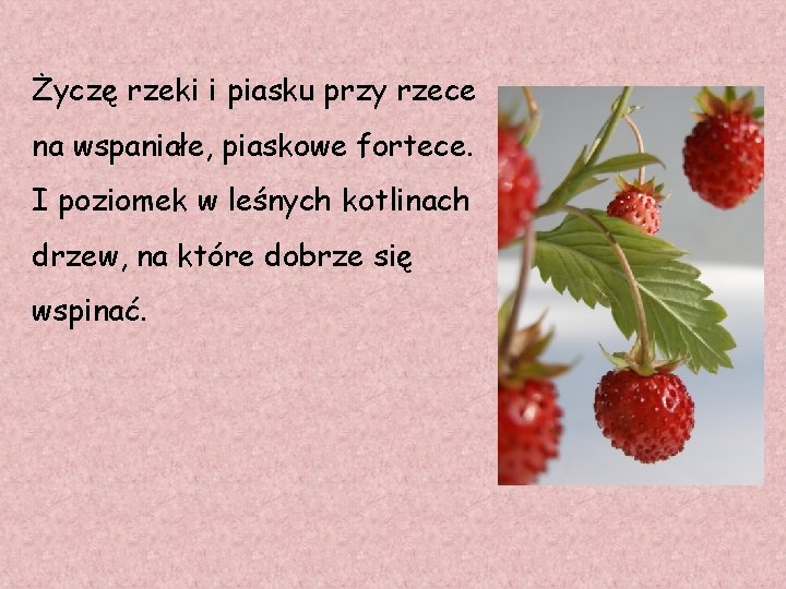 Życzę rzeki i piasku przy rzece na wspaniałe, piaskowe fortece. I poziomek w leśnych