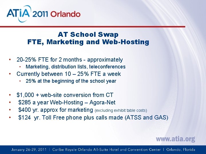 AT School Swap FTE, Marketing and Web-Hosting • 20 -25% FTE for 2 months