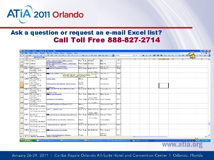 Ask a question or request an e-mail Excel list? Call Toll Free 888 -827