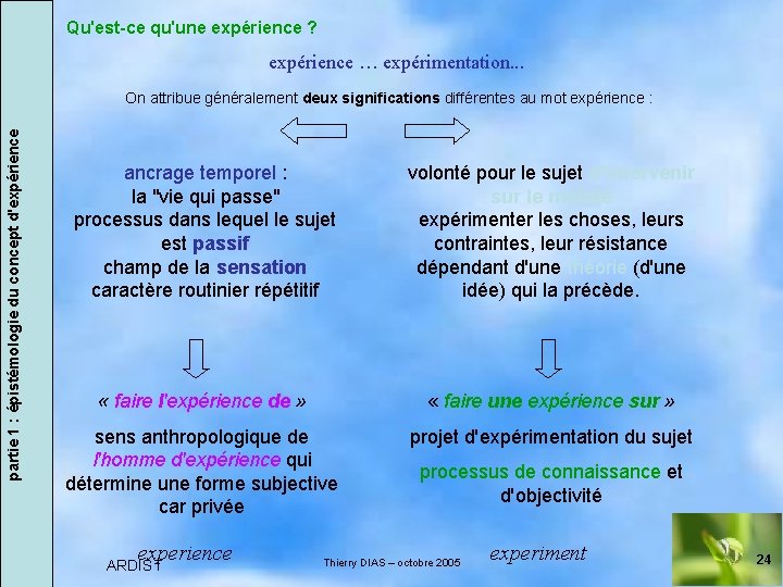 Qu'est-ce qu'une expérience ? expérience … expérimentation. . . partie 1 : épistémologie du