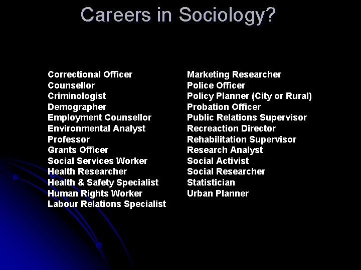 Careers in Sociology? Correctional Officer Counsellor Criminologist Demographer Employment Counsellor Environmental Analyst Professor Grants