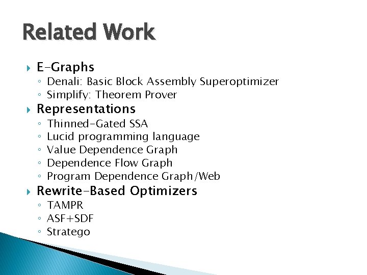 Related Work E-Graphs ◦ Denali: Basic Block Assembly Superoptimizer ◦ Simplify: Theorem Prover Representations