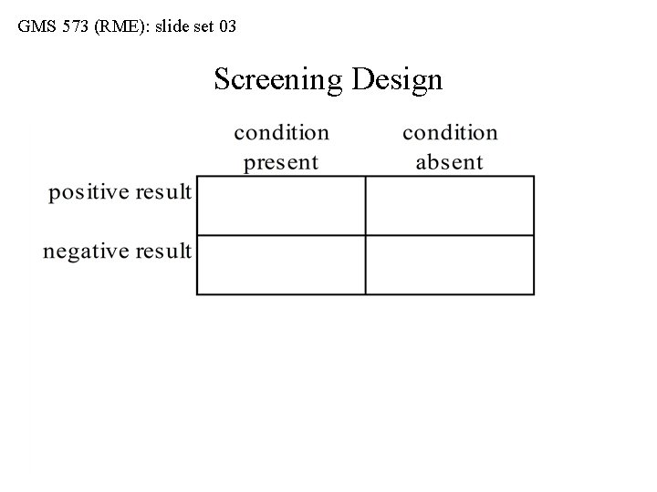 GMS 573 (RME): slide set 03 Screening Design 