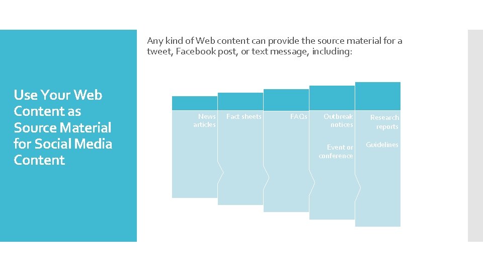 Any kind of Web content can provide the source material for a tweet, Facebook