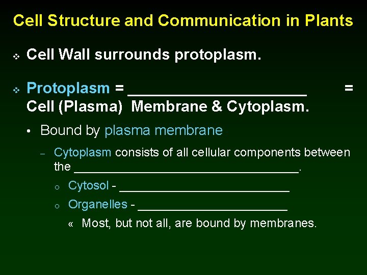 Cell Structure and Communication in Plants v v Cell Wall surrounds protoplasm. Protoplasm =