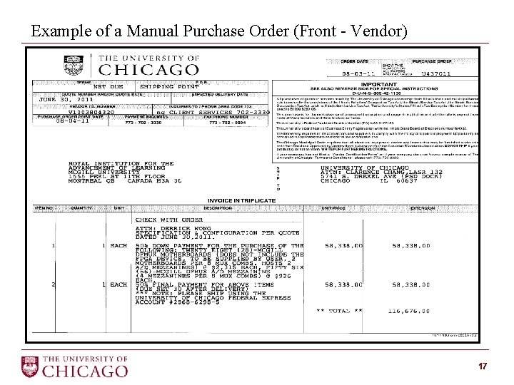 Example of a Manual Purchase Order (Front - Vendor) 17 