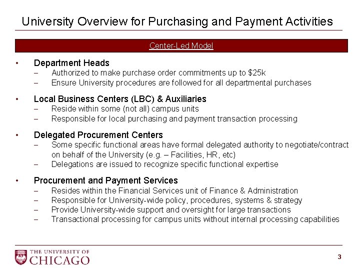 University Overview for Purchasing and Payment Activities Center-Led Model • • • Department Heads