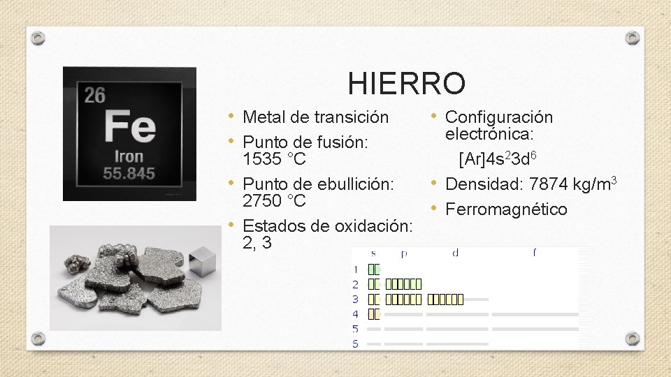 HIERRO • Metal de transición • Punto de fusión: 1535 °C • Punto de