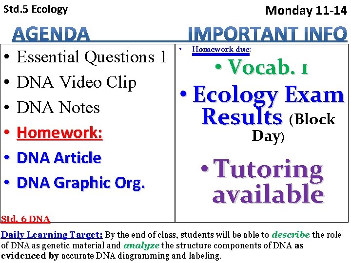 Monday 11 14 Std 5 Ecology Essential Questions