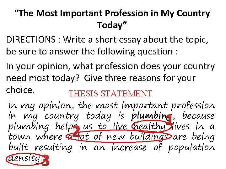 “The Most Important Profession in My Country Today” DIRECTIONS : Write a short essay