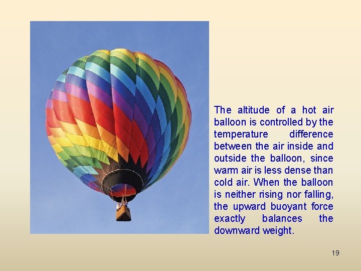 The altitude of a hot air balloon is controlled by the temperature difference between