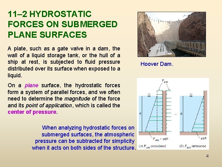 11– 2 HYDROSTATIC FORCES ON SUBMERGED PLANE SURFACES A plate, such as a gate