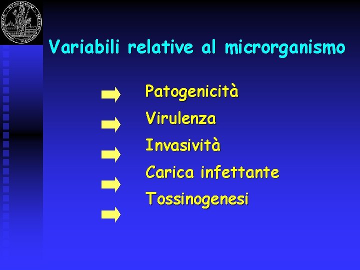 Variabili relative al microrganismo Patogenicità Virulenza Invasività Carica infettante Tossinogenesi 
