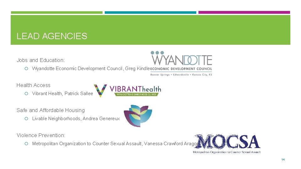 LEAD AGENCIES Jobs and Education: Wyandotte Economic Development Council, Greg Kindle Health Access Vibrant