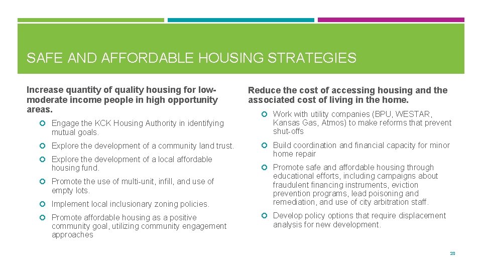 SAFE AND AFFORDABLE HOUSING STRATEGIES Increase quantity of quality housing for lowmoderate income people