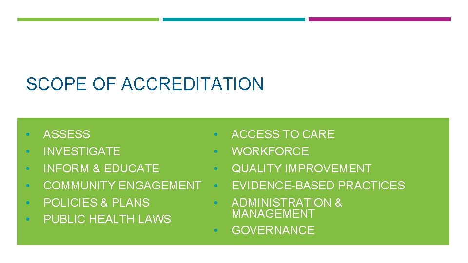 SCOPE OF ACCREDITATION • • • ASSESS INVESTIGATE INFORM & EDUCATE COMMUNITY ENGAGEMENT POLICIES