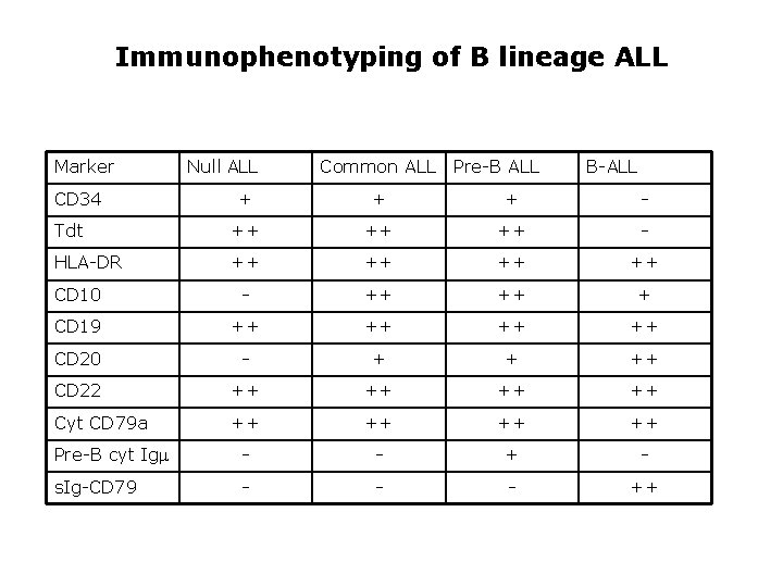Immunophenotyping of B lineage ALL Marker CD 34 Null ALL Common ALL Pre-B ALL Immunophenotyping of B lineage ALL Marker CD 34 Null ALL Common ALL Pre-B ALL
