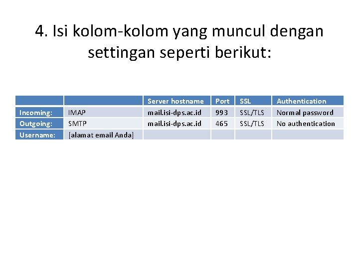 4. Isi kolom-kolom yang muncul dengan settingan seperti berikut: Incoming: Outgoing: Username: IMAP SMTP