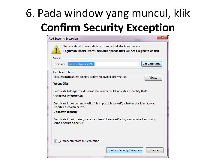 6. Pada window yang muncul, klik Confirm Security Exception 