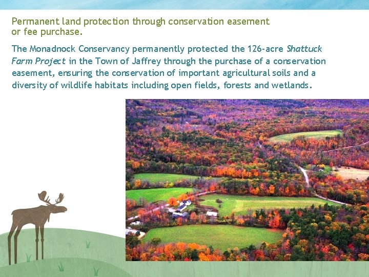 Permanent land protection through conservation easement or fee purchase. The Monadnock Conservancy permanently protected