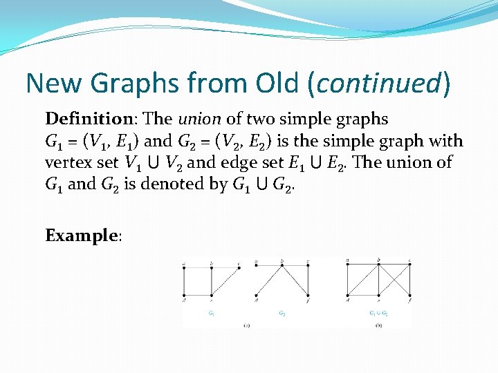 New Graphs from Old (continued) Definition: The union of two simple graphs G 1