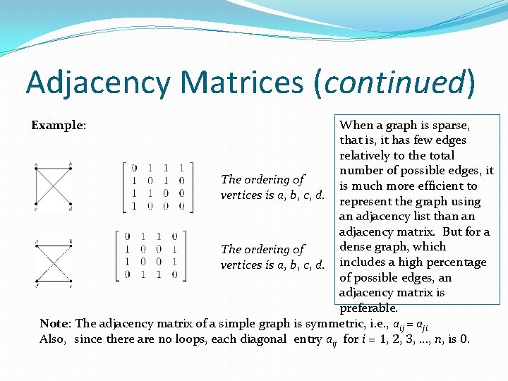 Adjacency Matrices (continued) Example: When a graph is sparse, that is, it has few