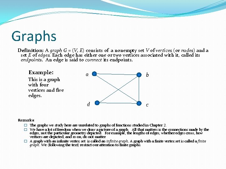 Graphs Definition: A graph G = (V, E) consists of a nonempty set V