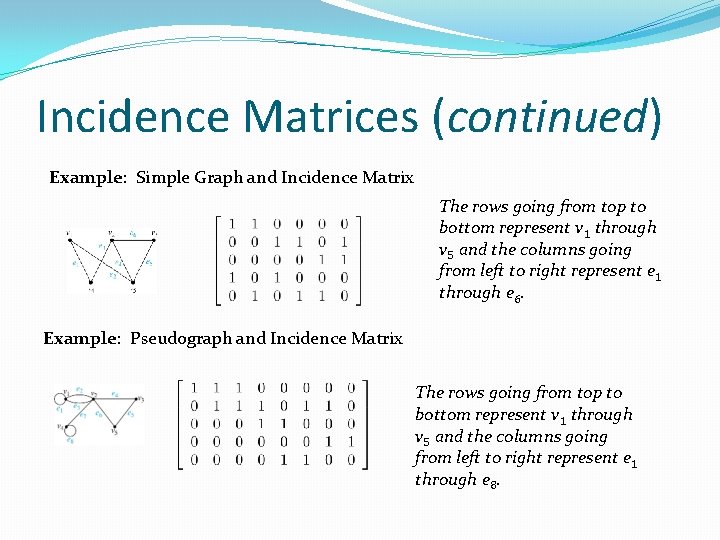 Incidence Matrices (continued) Example: Simple Graph and Incidence Matrix The rows going from top