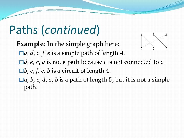 Paths (continued) Example: In the simple graph here: �a, d, c, f, e is