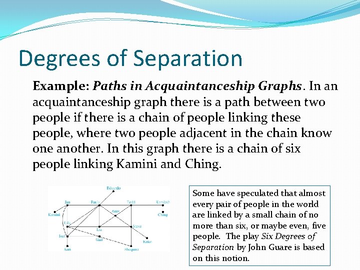 Degrees of Separation Example: Paths in Acquaintanceship Graphs. In an acquaintanceship graph there is