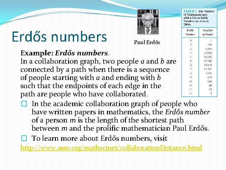 Erdős numbers Paul Erdős Example: Erdős numbers. In a collaboration graph, two people a