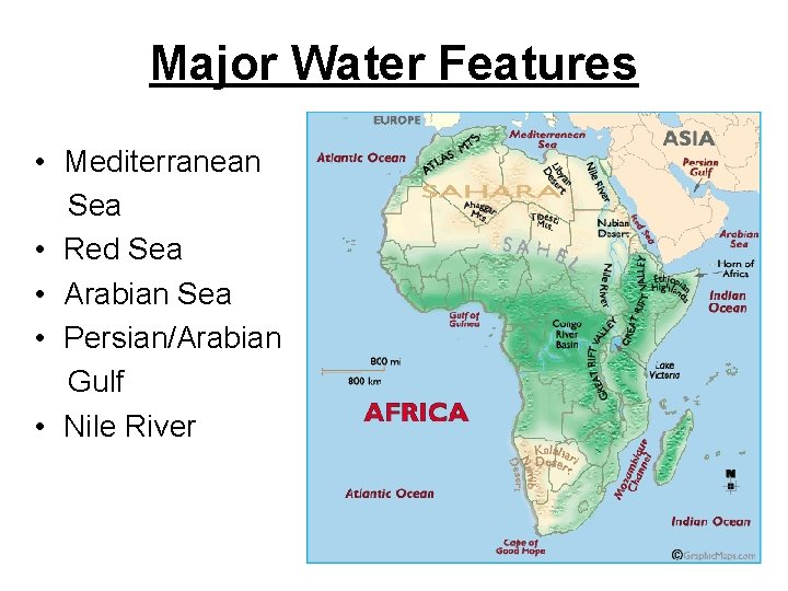 Major Water Features • Mediterranean Sea • Red Sea • Arabian Sea • Persian/Arabian