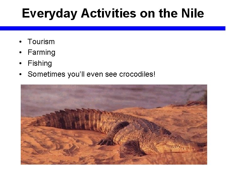 Everyday Activities on the Nile • • Tourism Farming Fishing Sometimes you’ll even see