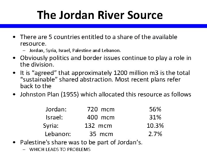 The Jordan River Source • There are 5 countries entitled to a share of