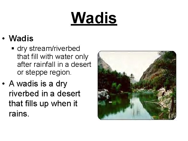 Wadis • Wadis § dry stream/riverbed that fill with water only after rainfall in