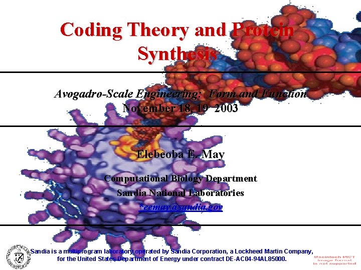 Coding Theory and Protein Synthesis Avogadro-Scale Engineering: Form and Function November 18, 19 2003