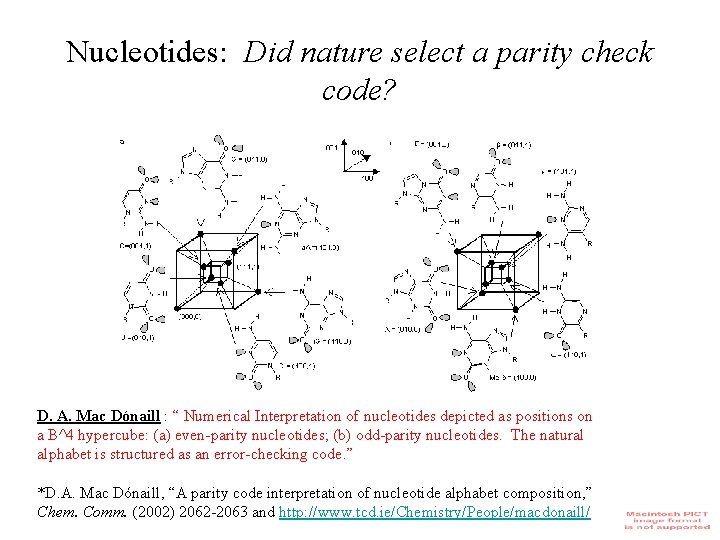 Nucleotides: Did nature select a parity check code? D. A. Mac Dónaill : “