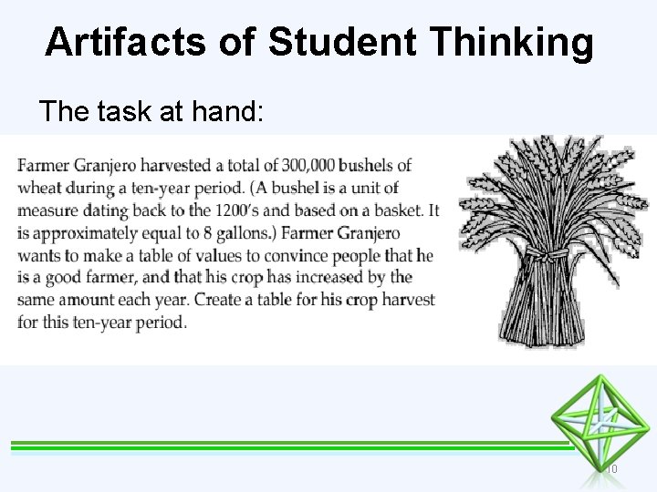 Artifacts of Student Thinking The task at hand: 10 
