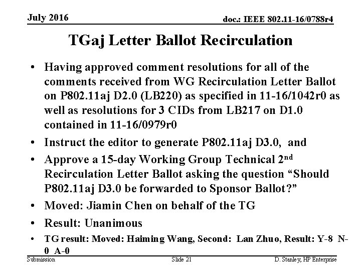 July 2016 doc. : IEEE 802. 11 -16/0788 r 4 TGaj Letter Ballot Recirculation