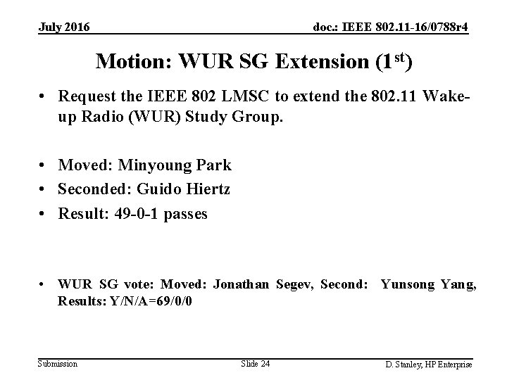 doc. : IEEE 802. 11 -16/0788 r 4 July 2016 Motion: WUR SG Extension