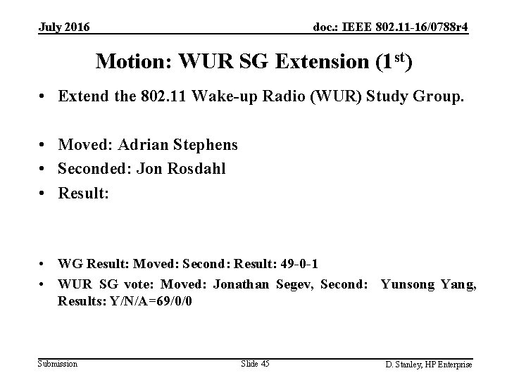doc. : IEEE 802. 11 -16/0788 r 4 July 2016 Motion: WUR SG Extension
