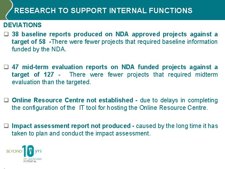 RESEARCH TO SUPPORT INTERNAL FUNCTIONS DEVIATIONS q 38 baseline reports produced on NDA approved