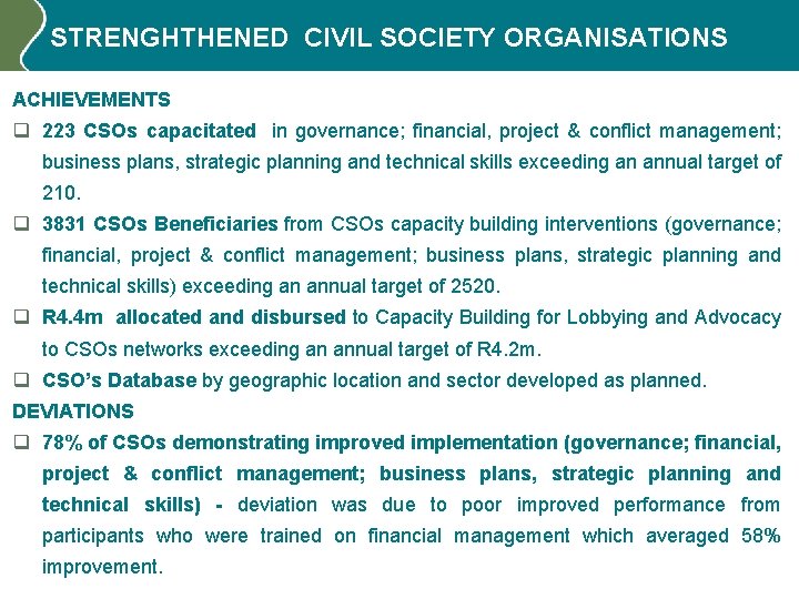STRENGHTHENED CIVIL SOCIETY ORGANISATIONS ACHIEVEMENTS q 223 CSOs capacitated in governance; financial, project &
