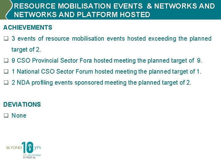 RESOURCE MOBILISATION EVENTS & NETWORKS AND PLATFORM HOSTED ACHIEVEMENTS q 3 events of resource
