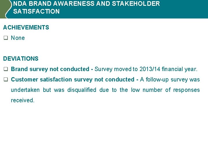 NDA BRAND AWARENESS AND STAKEHOLDER SATISFACTION ACHIEVEMENTS q None DEVIATIONS q Brand survey not