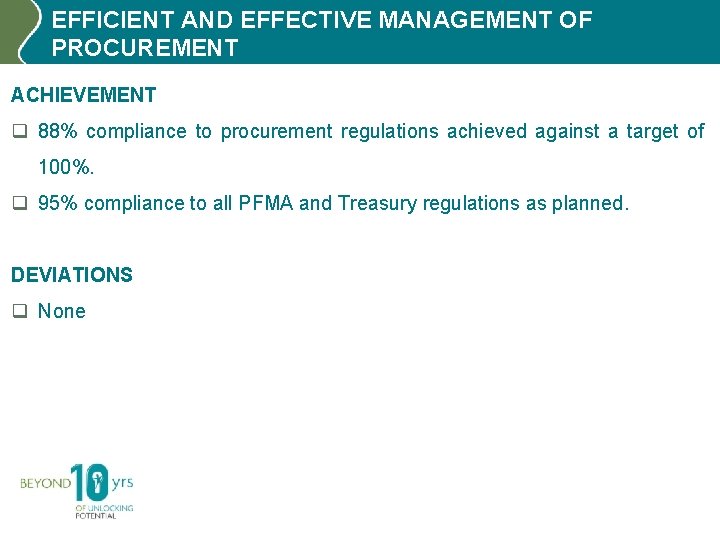 EFFICIENT AND EFFECTIVE MANAGEMENT OF PROCUREMENT ACHIEVEMENT q 88% compliance to procurement regulations achieved