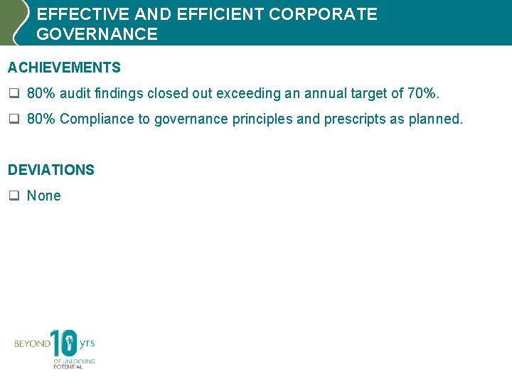 EFFECTIVE AND EFFICIENT CORPORATE GOVERNANCE ACHIEVEMENTS q 80% audit findings closed out exceeding an