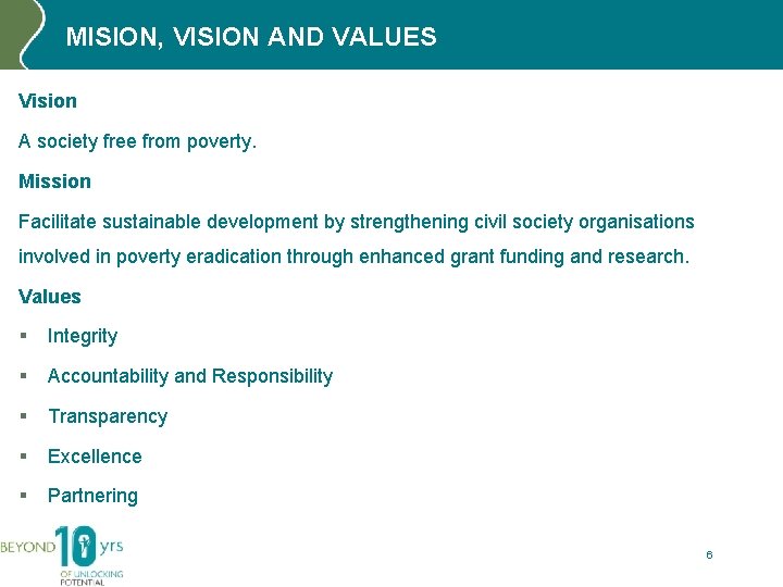 MISION, VISION AND VALUES Vision A society free from poverty. Mission Facilitate sustainable development