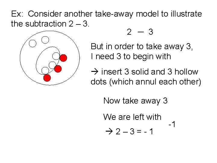 Ex: Consider another take-away model to illustrate the subtraction 2 – 3. 2 ––